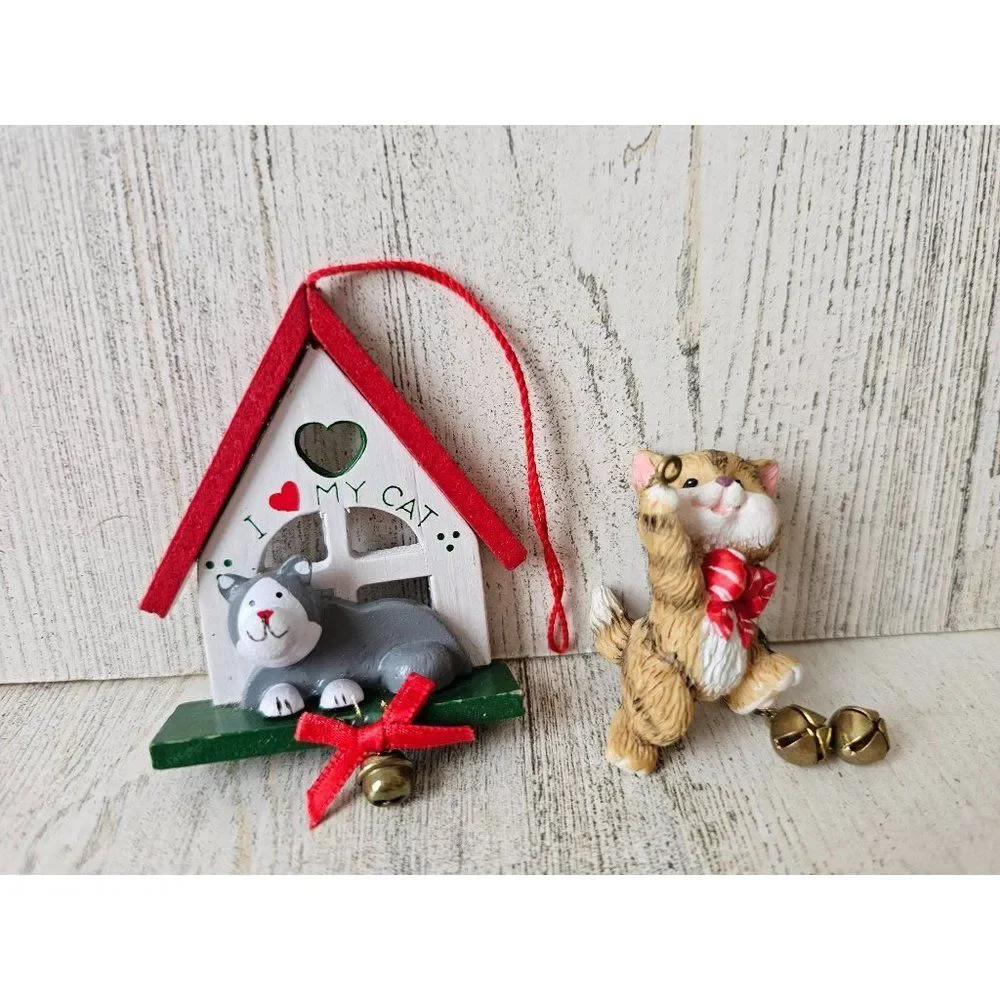 Hallmark cat‎ 1999 ornament wooden mini Xmas tree orange gray tabby kitten